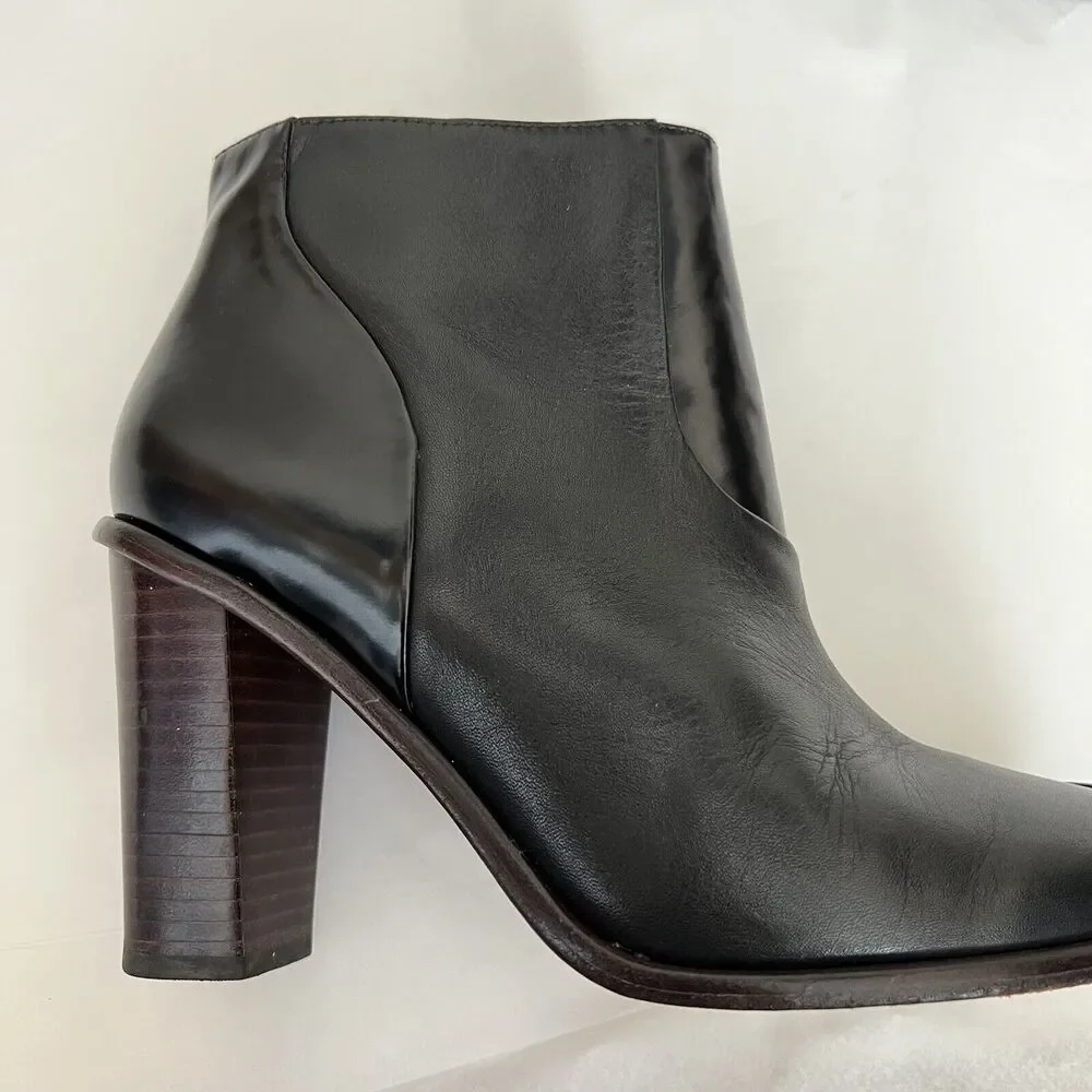 Tibi Leather Patent Contrast Black Booties Block Heels Zipper Sz 35.5 US 5.5